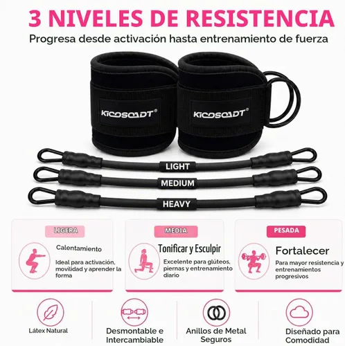 Vista 6 de Ankle Resistance Bands with Cuffs, Natural Latex Tubes, 3 Levels for Leg and Glute Workouts, Padded Ankle Straps for Kickbacks, Hip Training and