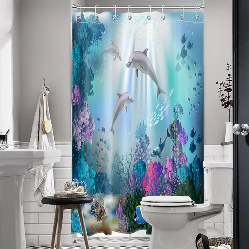 Vista 2 de Dolphin - Cortina de ducha pequeña de 48 x 68 pulgadas, forro de cortina de ducha de tamaño medio océano azul, cortina de ducha estrecha de peces