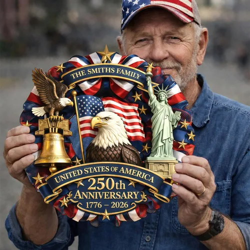 Vista 2 de NAZENTI Letrero personalizado para puerta del 4 de julio con nombre familiar, coronas de puerta personalizadas para 250 aniversario de Estados