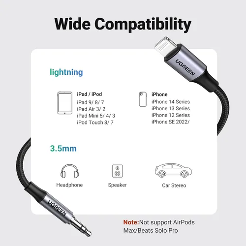 Vista 4 de UGREEN - Cable auxiliar para iPhone con certificado MFi Lightning a 0.138 in Cable de audio para automóvil 3.3FT, Nylon Braided, Aluminum Shell