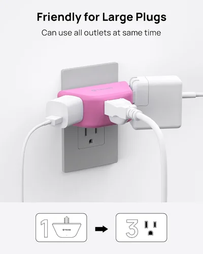 Vista 2 de TROND Extensor de salida con USB C, divisor de 3 salidas de CA con rotación de 360 + extensor de salida rosa con enchufes a tierra de 3 clavijas