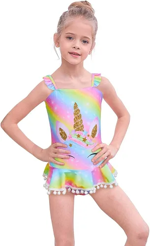 Vista 2 de Play Tailor Traje de baño de una pieza para niñas, traje de baño de unicornio