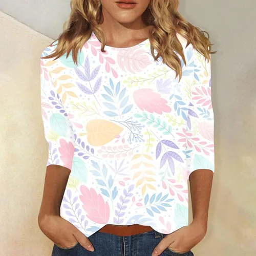 Vista 2 de YAFINMO Camisetas de manga 34 para mujer, camisas de verano de talla grande, blusas de trabajo para mujer, camisetas elegantes casuales sexis a