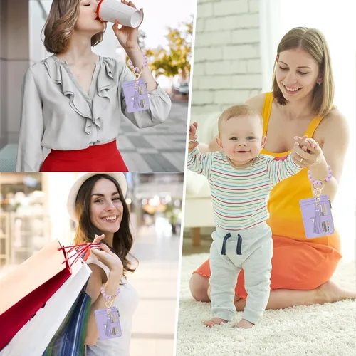 Vista 6 de Cartera llavero pulsera para mujer, delgado RFID tarjeta de crédito, monedero, borla llavero brazalete para hombres y mujeres, Púrpura