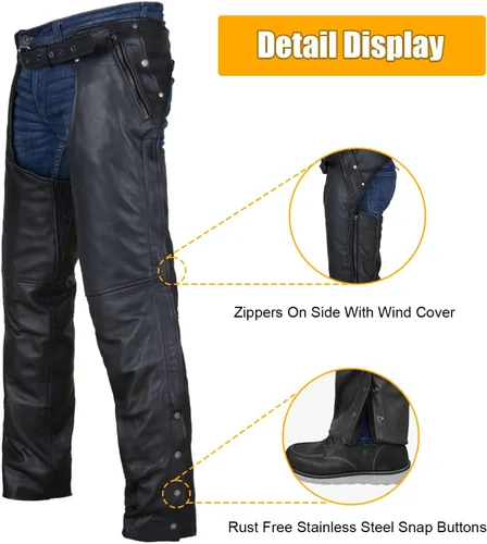 Vista 3 de GARGOYLE BELLS Chanclas de cuero para motocicleta para hombres y mujeres, pantalones de cuero suave con abertura para motociclista