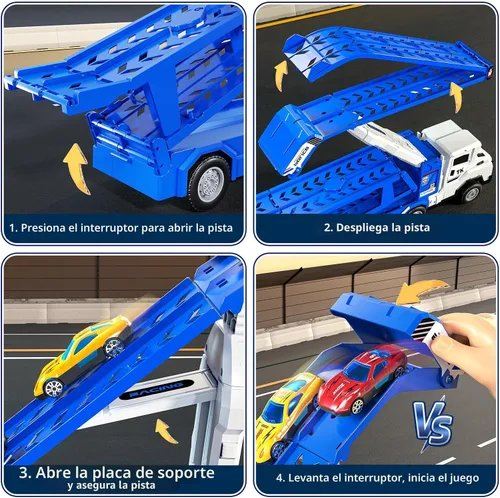 Vista 6 de Juguetes de camiones de transporte para niños de 3, 4, 5, 6 y 7 años, juego de camiones transportadores con pista de carreras y 12 juguetes de autos