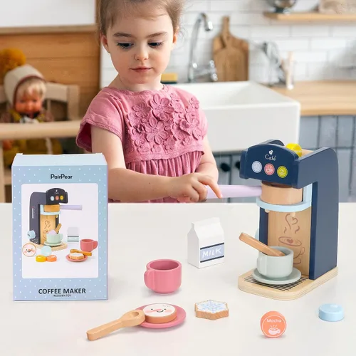 Vista 7 de PairPear - Cafetera de madera para niños, accesorios de cocina 15 piezas de juguetes de cocina de madera para alimentos, cafetera para niños