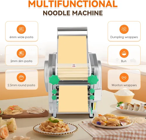 Vista 7 de NEWTRY Máquina para hacer pasta comercial, máquina eléctrica para hacer fideos con rodillo de masa con 2/0.236 in y 0.098 in de grosor de hoja