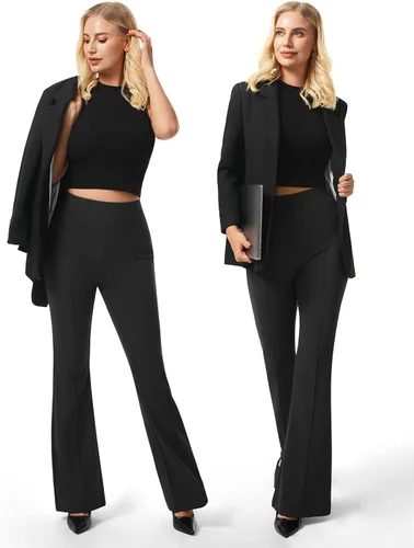 Vista 5 de AFITNE Pantalones de vestir para mujer, de tiro alto, acampanados, elásticos, para trabajo, negocios, oficina, casual, con bolsillos