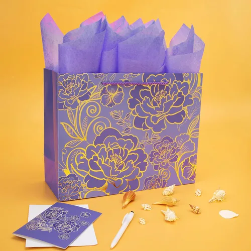 Vista 5 de Qirrmiy - Set de bolsa de regalo grande de 13" en color rosa púrpura con tarjeta de felicitación y papel de seda para mujeres o niñas para celebrar