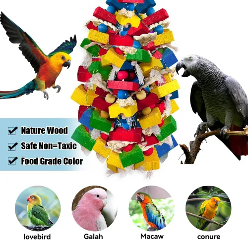 Vista 9 de Juguetes de loros para pájaros grandes, bloques de madera multicolor para masticar, jaula de loro, juguete para mordeduras para guacamayos