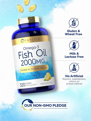 Vista 4 de Suplementos de aceite de pescado con Omega 3 Carlyle 2000 mg 320 cápsulas de gel EPA y DHA 600 mg de Omega-3 total Píldoras sin OGM, sin