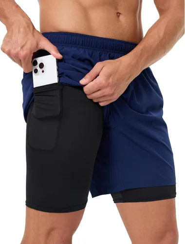 Vista 9 de Pantalones cortos deportivos 2 en 1 para hombre, de secado rápido, 5 pulgadas, ligeros, con forro y bolsillos