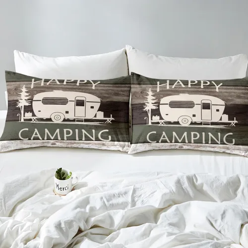 Vista 5 de Funda de edredón Happy Camping, juego de ropa de cama con temática de cámper para niños, funda de edredón de estilo rústico para decoración
