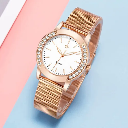 Vista 2 de Relojes de moda para mujer, reloj de pulsera de malla de acero inoxidable de oro rosa, elegante, regalo para mujer, reloj de pulsera impermeable