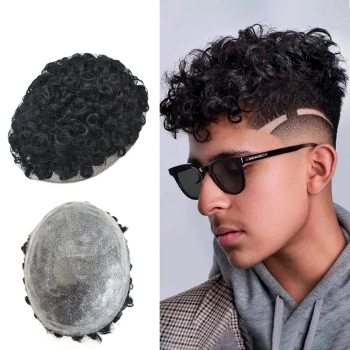 Vista 10 de Unidad de cabello humano para hombres negros, rizado afro brasileño, sistema de reemplazo de cabello para hombres afroamericanos afroamericanos
