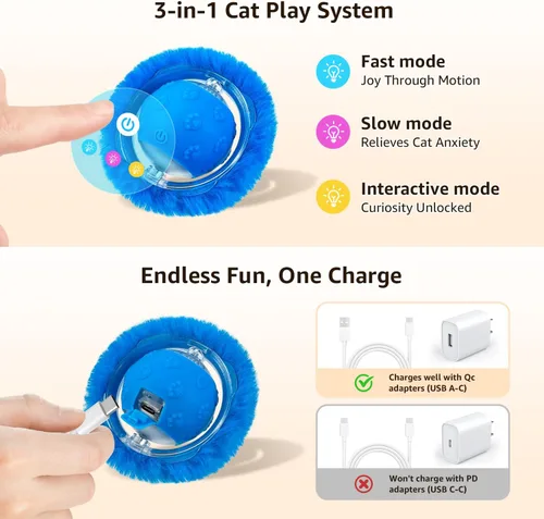 Vista 6 de Juguetes interactivos para gatos, tapete de juego con bolas de movimiento automático, luces LED, sonido de canto de pájaro, 3 niveles de velocidad