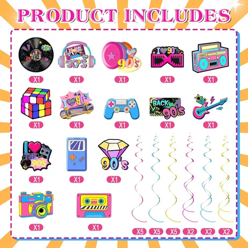 Vista 3 de 36 piezas de decoraciones de fiesta de los años 90 para fiestas de los años 90, remolinos colgantes para decoración de techo, retro, hip hop