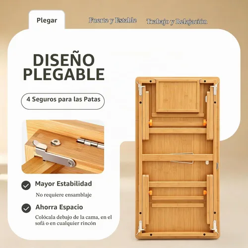 Vista 6 de Nnewvante - Mesa de bambú para laptop, bandeja de regazo ajustable, bandeja para servir cama, mesa de desayuno, mesa de café plegable, 7 ángulos