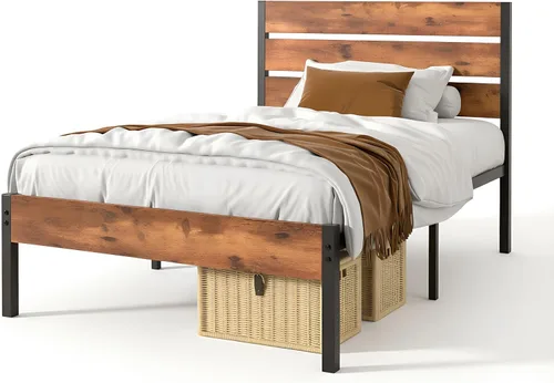 Vista 9 de VECELO Base de cama tamaño individual, plataforma de metal resistente con cabecera de madera, no necesita somier, color marrón antiguo