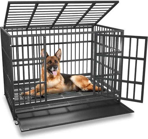 Vista 6 de BOLDBONE Jaula para perros grandes, de 48/37 pulgadas, resistente, jaula de rejilla, para perros con alta ansiedad, con bandejas de rejilla