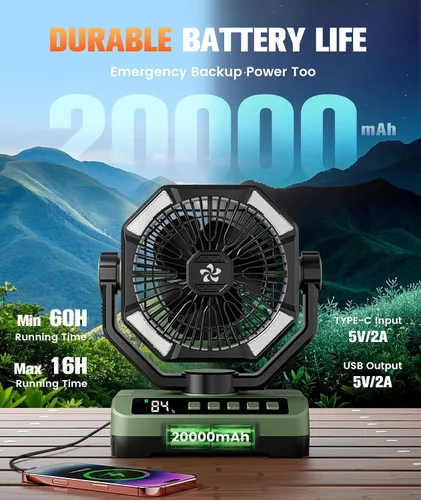Vista 4 de Ventilador de campamento con pilas, recargable con luz de estrellas, 20000 mAh, funciona con pilas, ventiladores de escritorio de 5 velocidades