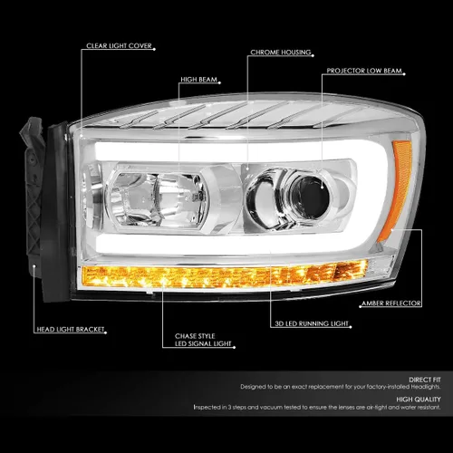 Vista 2 de DNA MOTORING HL-HPL-RM06-G-CH-AM LED U-Bar DRL Faros de señal de giro perseguidores compatibles con Dodge Ram 1500 06-08/Dodge Ram 2500 3500 06-09