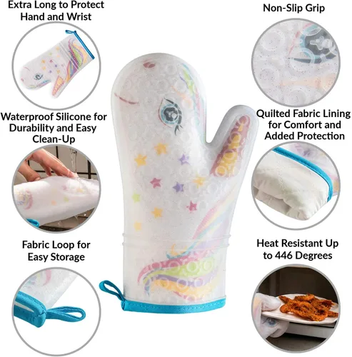 Vista 3 de Guante de horno de silicona con diseño de unicornio mágico con purpurina, guantes de cocina resistentes al calor, silicona suave, forro de tela
