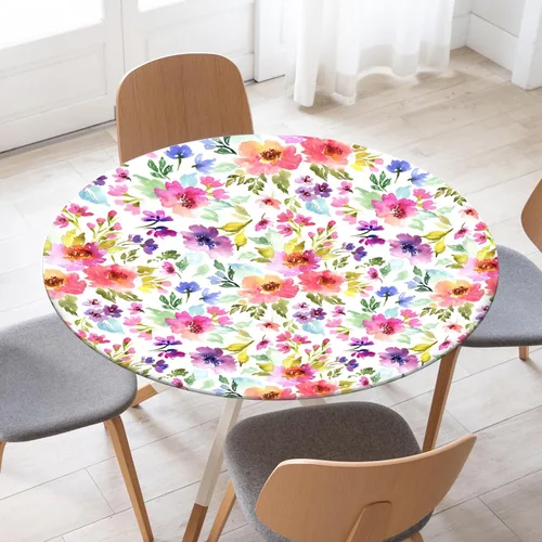 Vista 3 de Mantel redondo ajustable de primavera y verano con borde elástico, mantel de flores de acuarela para exteriores, mantel reutilizable para interiores