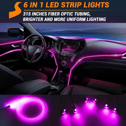 Vista 2 de Tira de luces LED para interiores de automóvil de 315 pulgadas, tubo de fibra óptica alimentado por USB, RGB 6 en 1, neón para automóvil