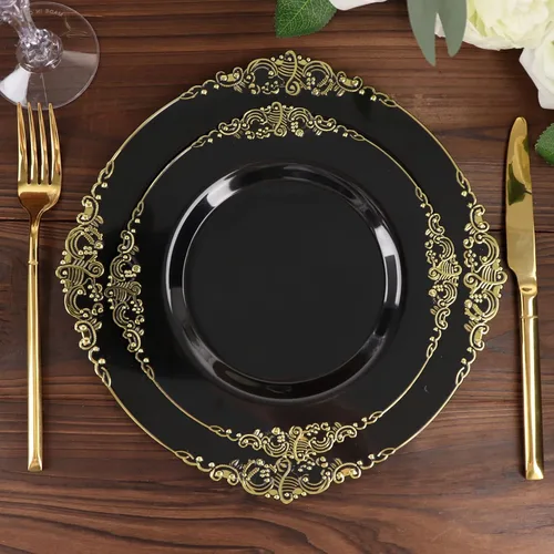 Vista 20 de Paquete de 10 platos redondos de plástico barroco dorado de 8 pulgadas para ensalada de postre, vajilla desechable con borde dorado en relieve