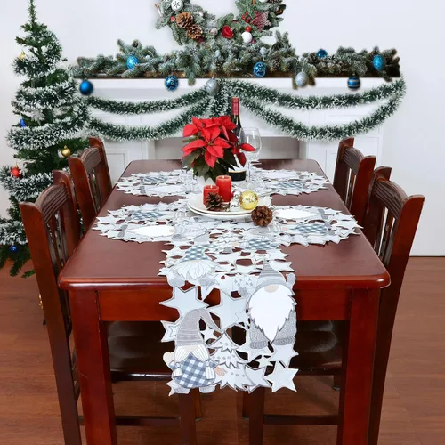 Vista 5 de Camino de mesa de gnomos plateados bordados para Navidad e invierno (13 x 88 pulgadas)