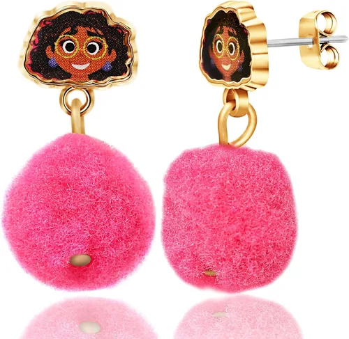 Vista 5 de Disney Pendientes Encanto - Aretes Mirabel con pompones rosados - Aretes de Disney para niñas, Metal, No es una piedra preciosa