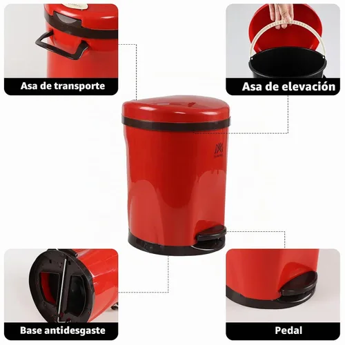 Vista 3 de Cand Cubo de basura redondo con pedal de 10 L, cubo de basura de plástico con tapa, rojo Rojo (paso)