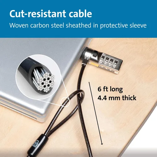 Vista 5 de Kensington Cable de Combinación con Barra en T Ranura de Bloqueo Estándar para Laptops, Contraseña Restablecible de 4 Dígitos con Cable de 6 Pies