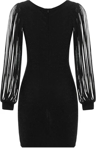 Vista 6 de MEOILCE Vestido sexy para invitadas de boda para mujer manga larga cuello en V entallado para cadera cóctel fiesta vestido midi