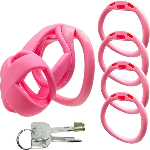 Vista 7 de Dispositivos de jaula de castidad masculina, nueva jaula ergonómica ligera para pene de hombre, jaula de bloqueo de casidad rosa con anillos de 4