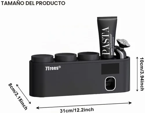 Vista 2 de Desinfectante para cepillos de dientes, soporte autoadhesivo para cepillos de dientes con 3 tazas, dispensador exprimidor automático de pasta