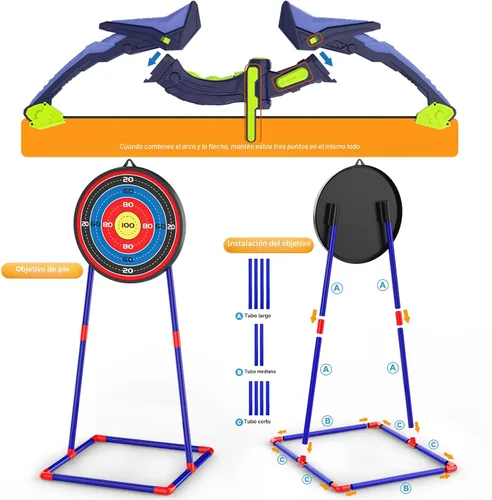 Vista 5 de Paquete de 2 conjuntos de arco y flecha para niños, conjunto de tiro con arco con luces con 14 flechas de ventosa, objetivos de tiro con arco
