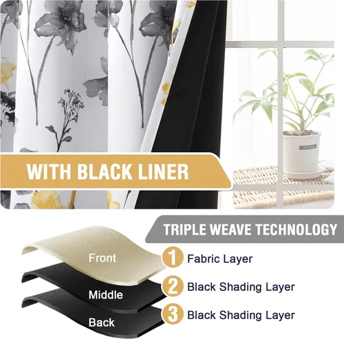 Vista 5 de H.VERSAILTEX - Cortinas 100% blackout con estampado floral de cattleyas, 45 pulgadas de largo, juego de 2 paneles térmicos con forro negro, a prueba