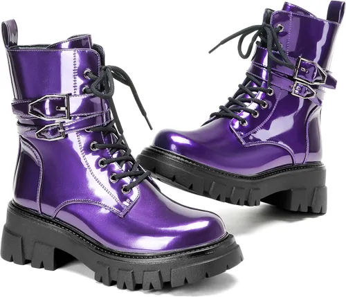 Vista 13 de Botas de combate para mujer, botas rave para mujer, botas de motocicleta de moda, con hebilla, góticas, tacón grueso