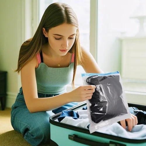 Vista 7 de 10 bolsas de compresión sin necesidad de vacío, 3 tamaños, bolsas de vacío de viaje para embalaje de equipaje, bolsa enrollable para ahorro