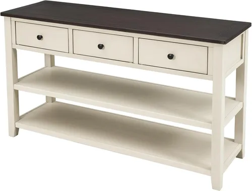 Vista 16 de Mesa consola retro con 3 cajones, mesa de entrada de madera maciza, mesa de sofá estrecha con estante, mesa de entrada estrecha, mesa de pasillo