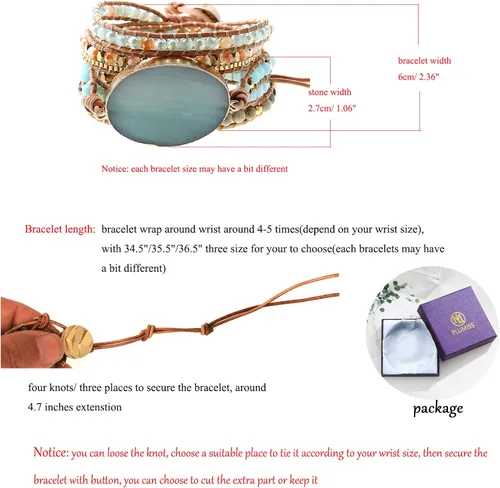Vista 4 de Pulsera de cuero hecha a mano con cuentas de cristal natural, estilo bohemio, Adjustable, piedra natural