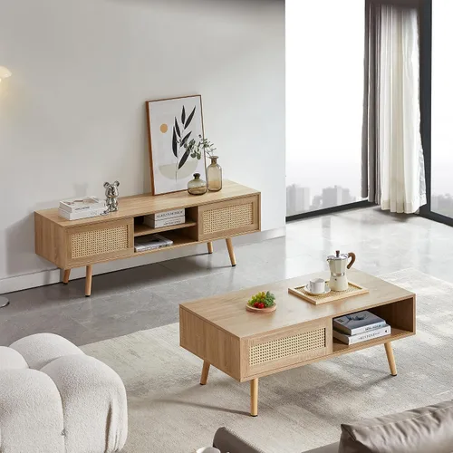 Vista 3 de Soporte de TV moderno de mediados de siglo para sala de estar con almacenamiento, consola rectangular de 55.12 pulgadas para televisores de hasta 60