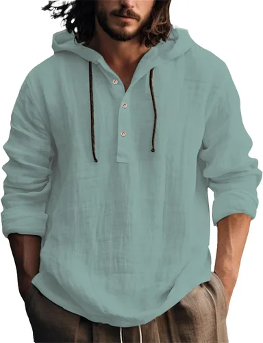 Vista 11 de Camisas de lino para hombre, ligeras, con botones, de manga larga, con capucha, ajuste regular, de algodón, para la playa
