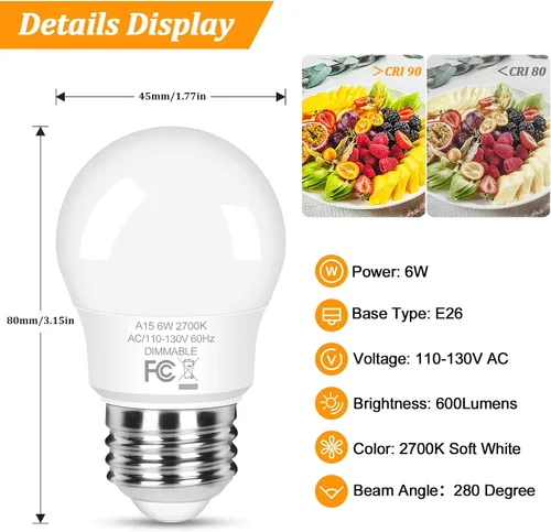 Vista 5 de Brightever 6W Dimmable Ceiling Fan Bulbs, A15 Standard E26 Base Bulb