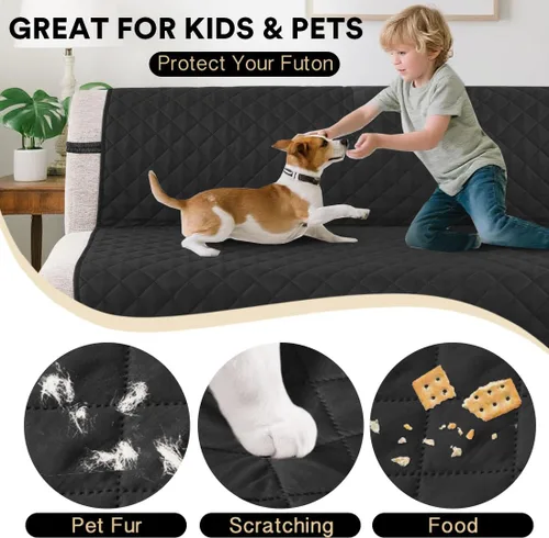 Vista 5 de Funda para futón sin brazos, protector de muebles con parte inferior elástica, reversible, acolchada, ancho de hasta 70 pulgadas, resistente al Negro
