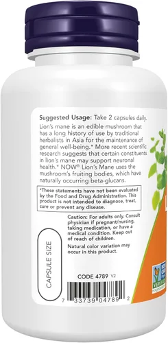 Vista 3 de NOW Foods Suplementos, Mane de León 500 mg, Súper Hongo, Hecho con Hongos de Mane de León Orgánicos, 60 Cápsulas Vegetales