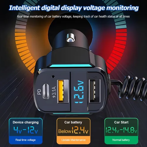 Vista 2 de Cargador de coche USB C, cargador de coche rápido de 3 puertos PD3.0 y QC3.0 con pantalla digital LED, adaptador de carga rápida para encendedor